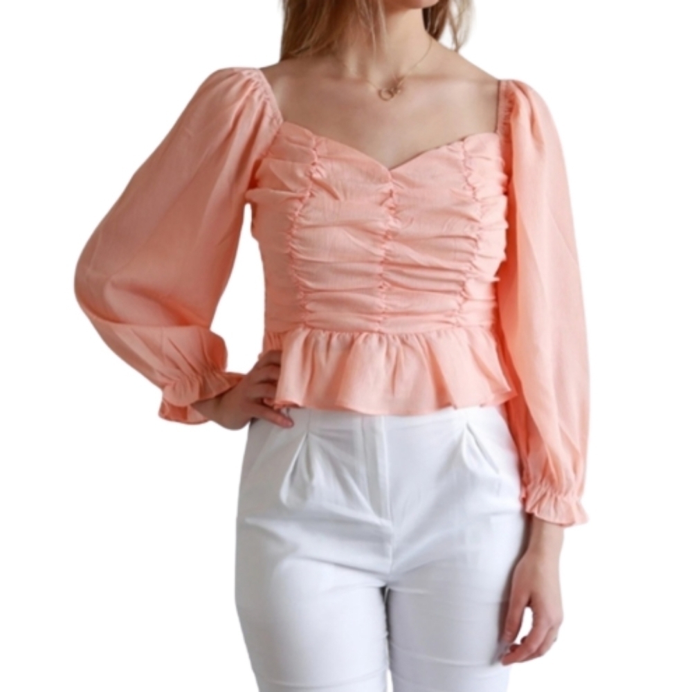 Zara Peach Ruched Puff Sleeve Peplum Crop Top Women's Size M